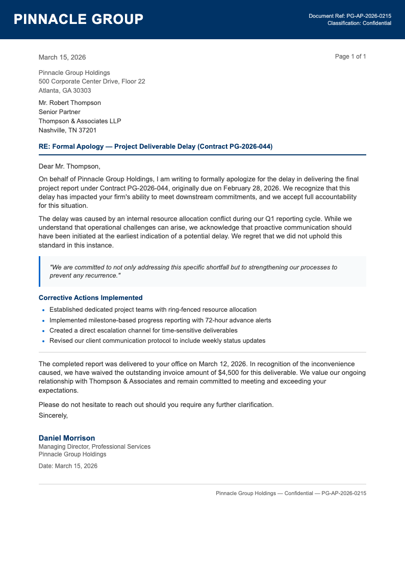 Corporate standard apology letter